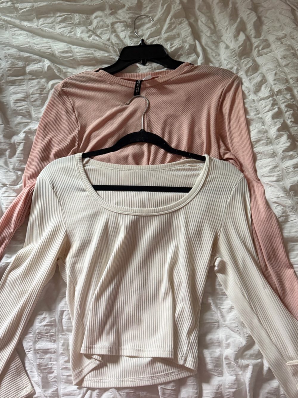 Two Ribbed Long Sleeve Tops - Cream & Blush